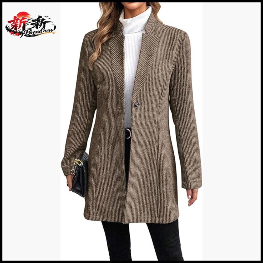 Long Sleeve Wool Blend Blazer Overcoat with Stand Collar and Button Closure